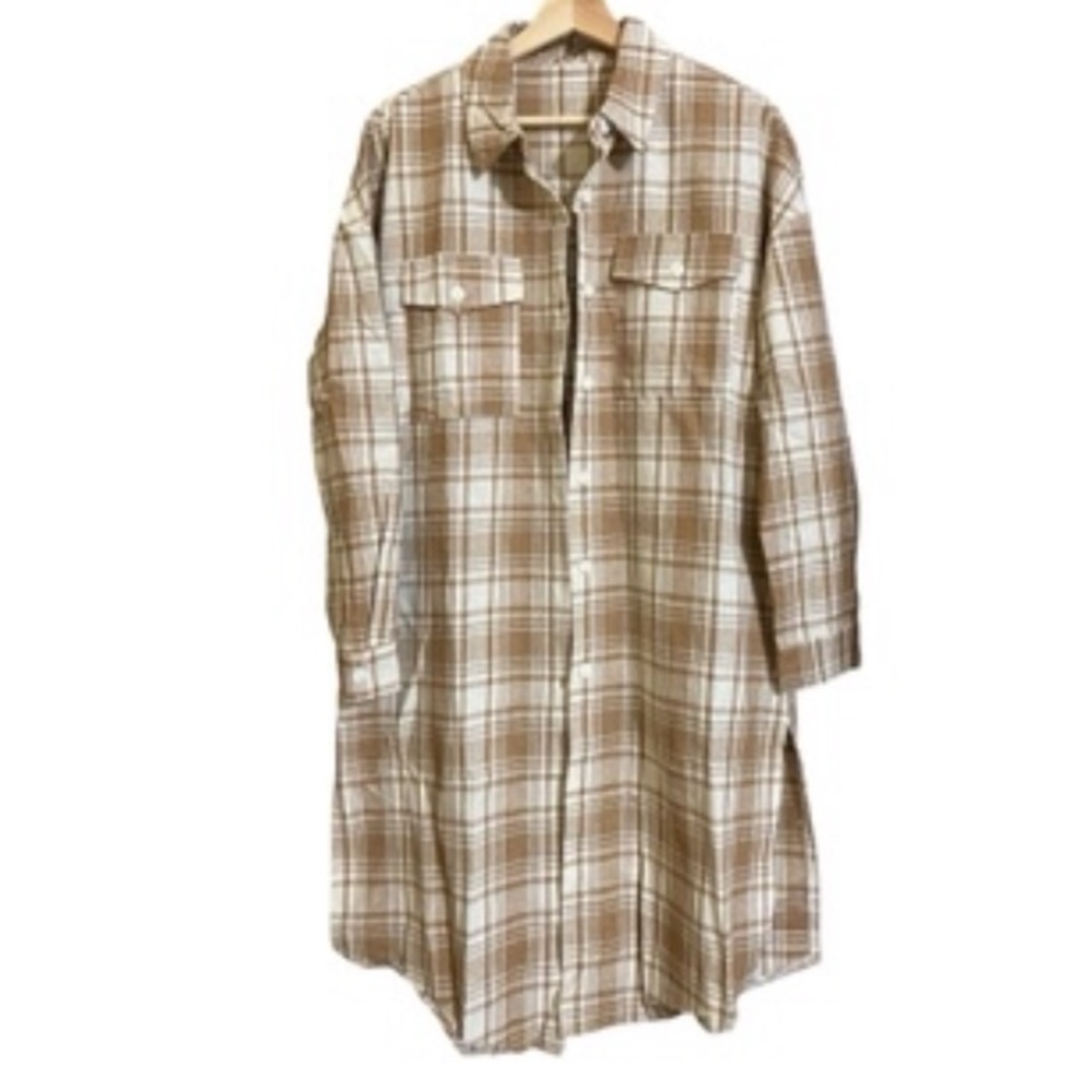 Tan beige cream plaid long flannel shacket overcoat fall layers western cozy